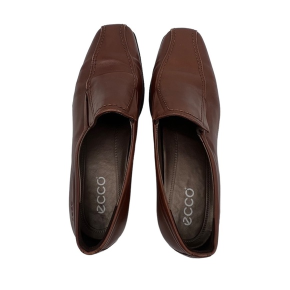 ECCO Brown Leather Square Toe Block Heel Loafers Size 38 Women's - Picture 5 of 9